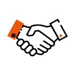 Ein stilisiertes Symbol, das einen Handschlag darstellt. Zwei Hände sind miteinander verschränkt, wobei der Ärmel der linken Hand orangefarben ist und einen schwarzen Knopf hat. Die Umrisse der Hände sind schwarz.