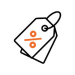 Ein stilisiertes Symbol, das zwei aneinanderhängende Preisschilder darstellt. Auf dem vorderen Preisschild ist ein orangefarbenes Prozentzeichen abgebildet. Die Umrisse der Preisschilder sind schwarz.
