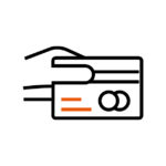 Ein stilisiertes Symbol, das eine Hand zeigt, die eine Kreditkarte hält. Die Hand und die Karte sind in schwarzen Umrissen dargestellt, mit zwei orangefarbenen Linien und einem orangefarbenen Kreis auf der Karte.