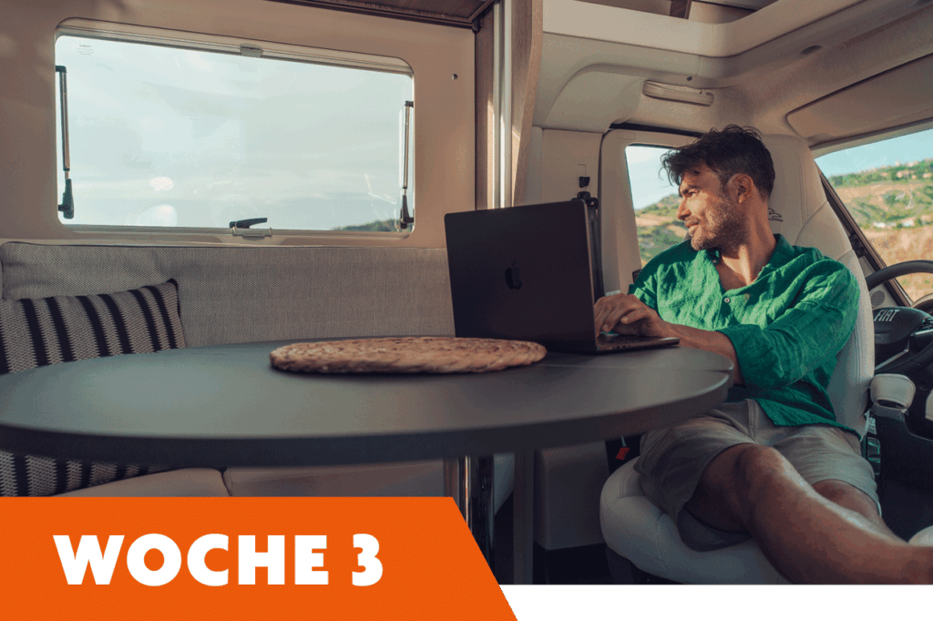 Ein Mann sitzt im Inneren eines Wohnmobils an einem Tisch und arbeitet an einem Laptop. Er trägt ein grünes Hemd und kurze Hosen. Im Hintergrund ist durch ein Fenster eine Landschaft zu sehen. Unten links steht in großen orangen Lettern "WOCHE 3".