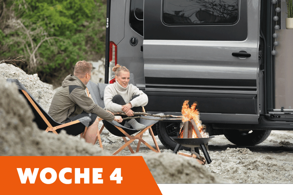 Zwei Personen sitzen auf Campingstühlen vor einem grauen Kastenwagen-Wohnmobil und machen ein Lagerfeuer in einer Feuerschale. Die Umgebung ist kiesig und natürlich. Unten links steht in großen orangen Lettern "WOCHE 4".
