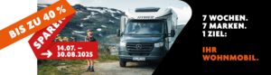 Eine breite Werbegrafik für einen Wohnmobil-Messemarathon. Ein weißes Hymer-Wohnmobil fährt auf einem unbefestigten Weg durch eine bergige Landschaft. Ein orangefarbenes Band mit der Aufschrift "BIS ZU 40 % SPAREN" und ein rotes Band mit den Daten "14.07. – 30.08.2025" überlagern das Bild. Rechts daneben steht in großen, weißen Buchstaben "7 WOCHEN. 7 MARKEN. 1 ZIEL: IHR WOHNMOBIL."