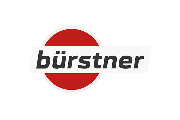 Das Logo der Marke Bürstner. Der schwarze Schriftzug "bürstner" in Kleinbuchstaben ist auf einem weißen, abgerundeten Rechteck platziert, das über einem roten Kreis liegt.