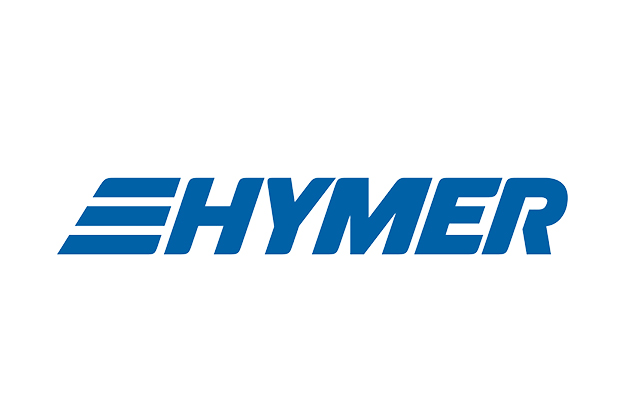 Das Logo der Marke Hymer. Der Schriftzug "HYMER" ist in Großbuchstaben in einem kräftigen Blau gehalten, mit stilisierten horizontalen Linien am linken Ende des "H".