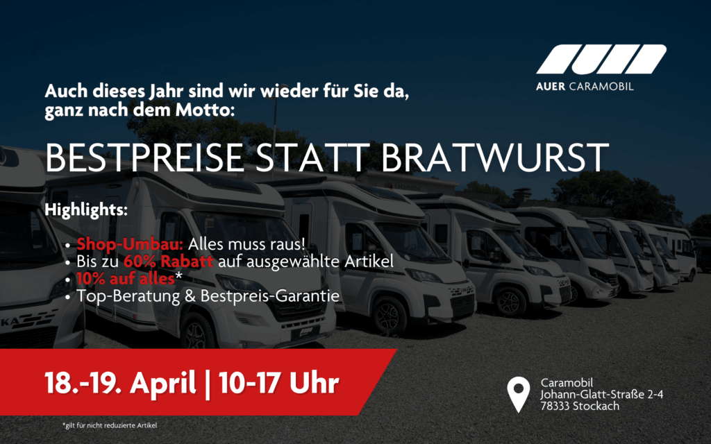 Werbebanner von Auer Caramobil: Aktionstage am 18.–19. April in Stockach unter dem Motto „Bestpreise statt Bratwurst“. Im Hintergrund sind mehrere Wohnmobile in einer Reihe aufgestellt.