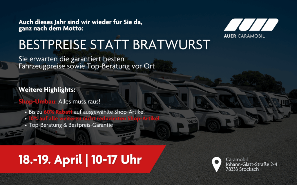 Werbebanner von Auer Caramobil: Aktionstage am 18.–19. April in Stockach unter dem Motto „Bestpreise statt Bratwurst“. Im Hintergrund sind mehrere Wohnmobile in einer Reihe aufgestellt.